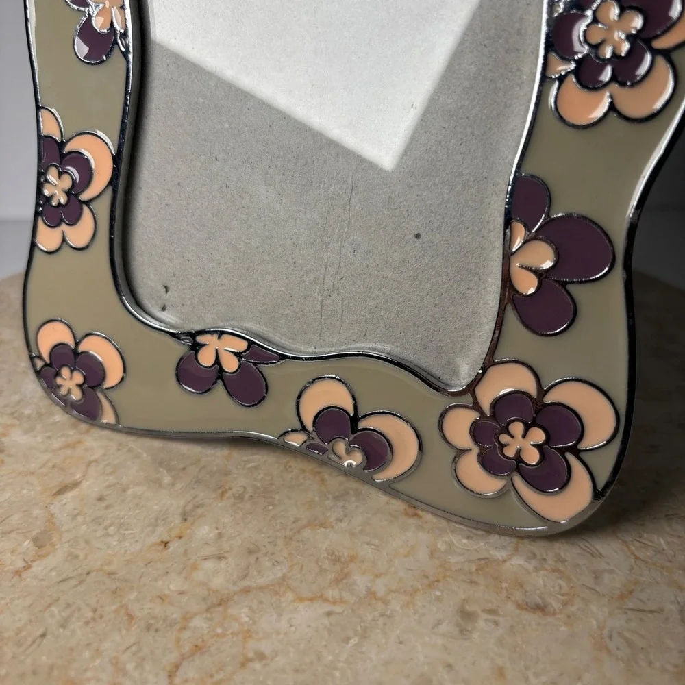 Retro Floral Enamel Photo Frame 8x6 Taupe Purple Wavy Metal Art Nouveau‎